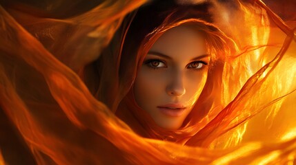 Woman enveloped in flowing amber fabric