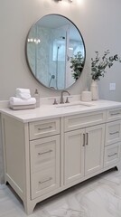 Contemporary bathroom vanity with a round mirror and minimal decor