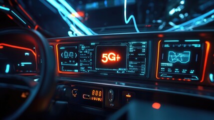A detailed image of the interface inside an autonomous vehicle, with data displays accompanied by a glowing 5G signal logo, highlighting robust connectivity for real-time communication.