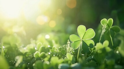 Vibrant green clover with dew drops bathed in golden sunlight, symbolizing luck and renewal in nature's embrace.