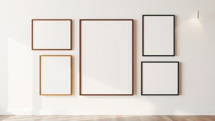 Modern minimalist interior featuring five empty picture frames with brown black and wooden color of varying sizes on a white wall
