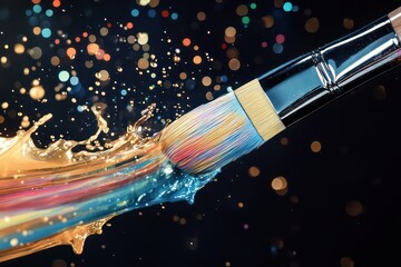 Fototapeta premium A paintbrush releasing multicolored liquid splashes in mid-air, with luxury abstract tones, isolated on a transparent background.