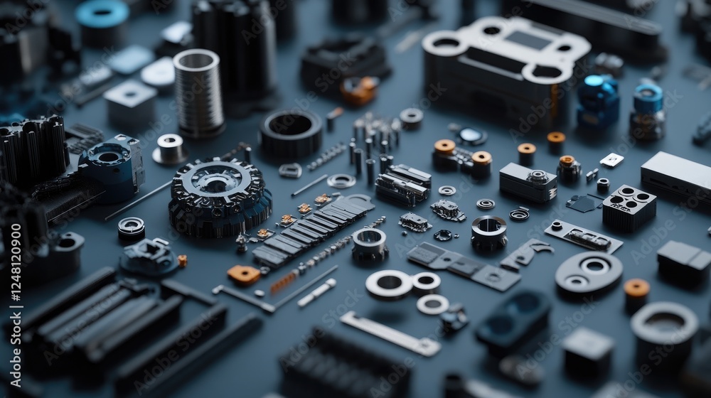 Aufkleber A detailed view of 3D-printed components ready for assembly, symbolizing the future of manufacturing with the aid of AI algorithms driving precision and efficiency.