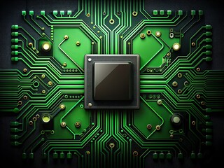 Fototapeta premium Close-up Detailed Shot of Green Circuit Board with Black Chips - Technology Background