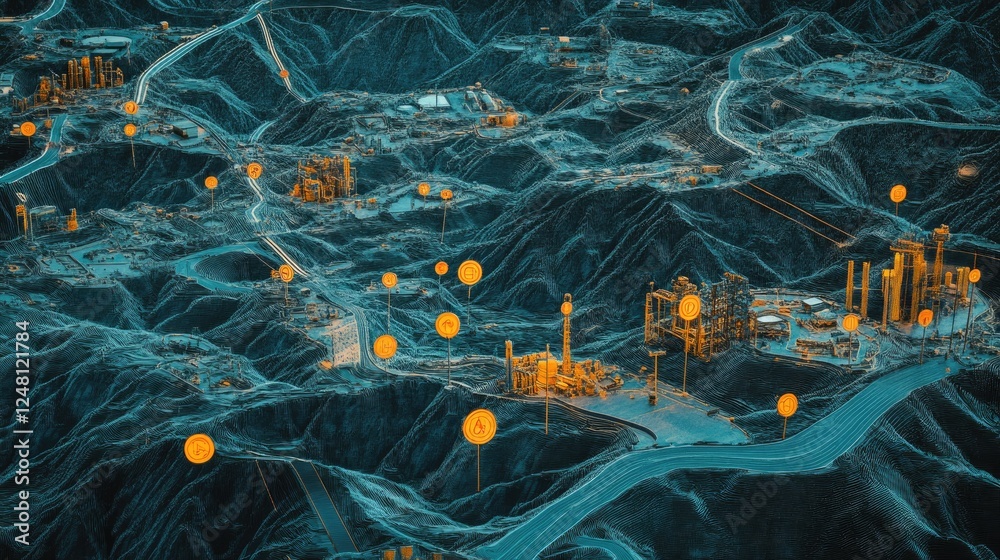 Fototapete A detailed view of a topographic map showing marked locations of local resources and a highlighted path leading to a factory, showcasing a more efficient and localized supply chain.