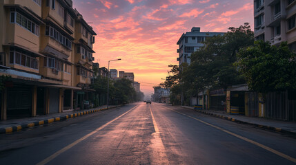 Obraz premium City street with road at early morning, empty sunset driveway, walkway, buildings at pink sunlight perspective view. Urban architecture, megalopolis infrastructure dramatic cartoon vector illustration