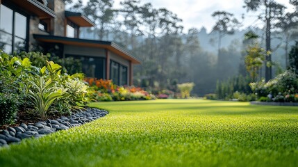 Obraz premium Lush green lawn, modern house, sunny day, landscaped garden, real estate