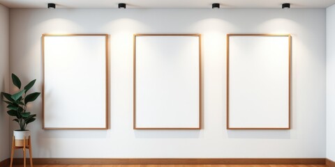 Modern Minimalist Interior with Three Blank Frames and Potted Plant