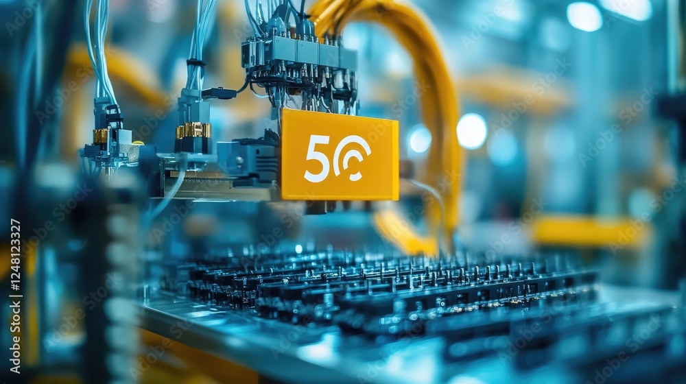 Poster a detailed view of network cables and a 5g antenna in a factory, illustrating the backbone of real-t