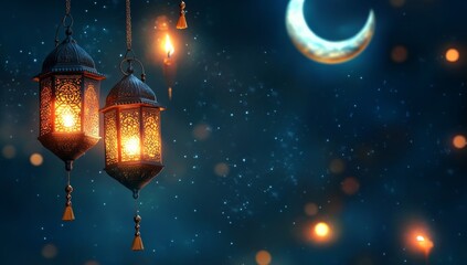 Obraz premium Illuminated lanterns, crescent moon, night sky, festive background, greeting card