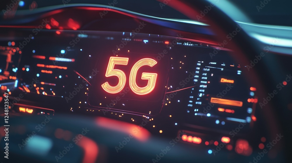 Poster A detailed view of the interface inside an autonomous vehicle, with digital data displays and a glowing 5G signal logo, showcasing advanced communication technology for smart mobility.