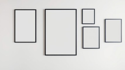 Empty black picture frames on a white wall in a minimalist arrangement