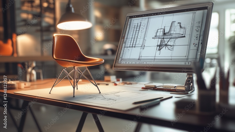Poster A digital chair model hovers over a physical sketch on a designer's worktable, with real-time adjustments made using a stylus, blending physical and virtual design elements.