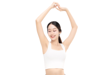 Young Asian woman with healthy and perfect skin on transparent background, PNG file format.