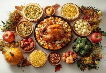 Festive Thanksgiving Feast Display with Roasted Turkey, Seasonal Vegetables, Side Dishes, Fruit, and Decorative Autumn Accents on a White Surface