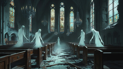 Ghostly Figures in Abandoned Church