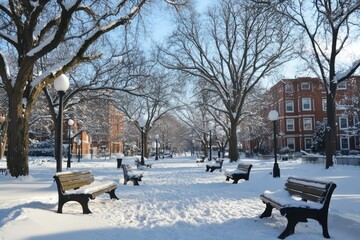 A peaceful park with benches and snow-covered trees, creating a tranquil winter atmosphere.