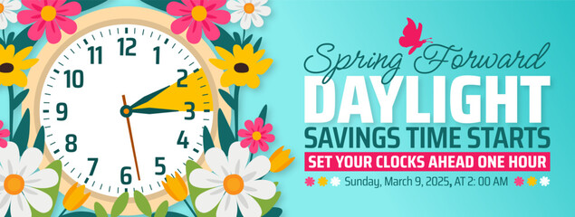 Spring Forward concept 2025 banner with flower and clock design. Daylight Saving Time Starts background with cartoon doodle style with funny clock flower. schedule of changing clocks at march 09, 2025