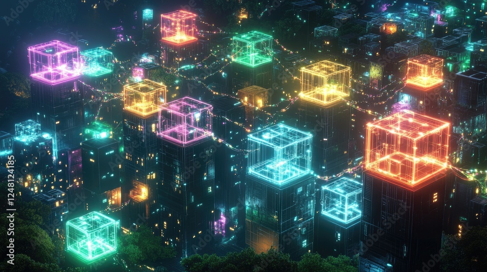 Aufkleber A digital cityscape of glowing cubes, each representing a different startup, linked by vibrant luminous pathways symbolizing economic collaboration and innovation in a connected ecosystem.