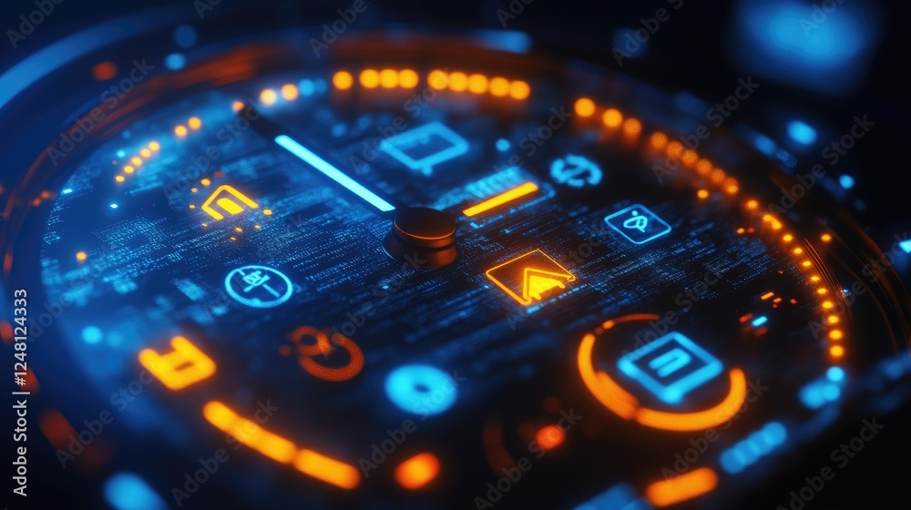 Poster a digital clock face glowing with smart home icons, illustrating the integration of time management 