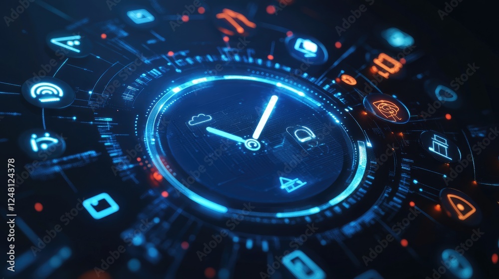 Aufkleber a digital clock face glowing with smart home icons, illustrating the integration of time management 