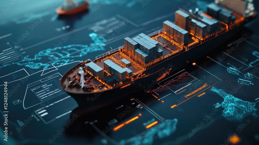 Poster A digital interface showing a supply chain monitoring system, highlighting real-time delays and proposed alternate routes, symbolizing the complexity of modern logistics management.