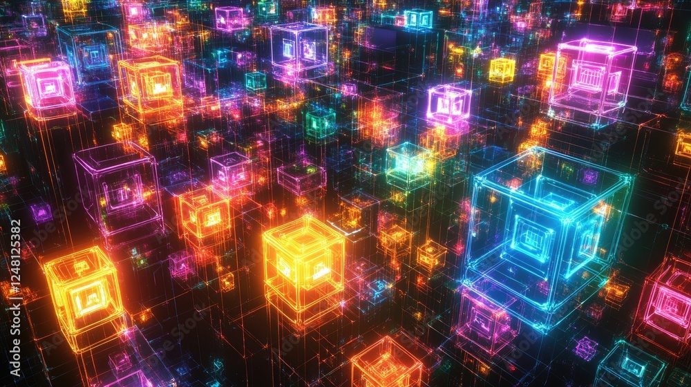 Poster A digital cityscape of glowing cubes, each representing a different startup, linked by vibrant luminous pathways symbolizing economic collaboration and innovation in a connected ecosystem.