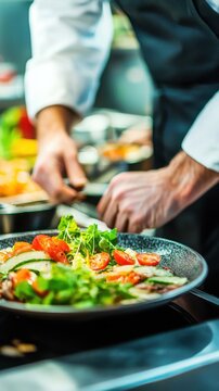 Chef Preparing Fresh Organic Salad with Colorful Vegetables in Professional Kitchen Setting