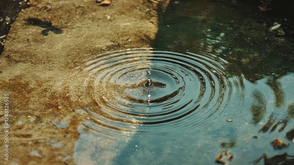 Poster a droplet poised in suspension, creating ripples in a calm pool, illustrating the far-reaching conse