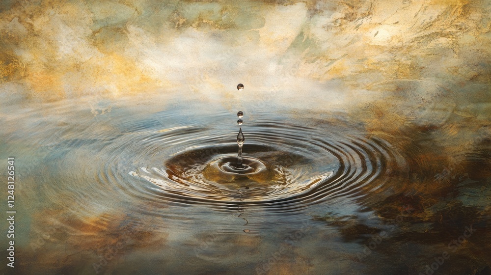 Poster a droplet poised in suspension, creating ripples in a calm pool, illustrating the far-reaching conse