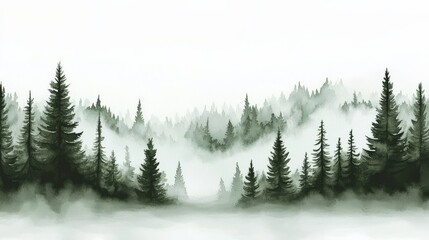 Fototapeta premium Serene watercolor depiction of a green landscape with foggy forest hills.