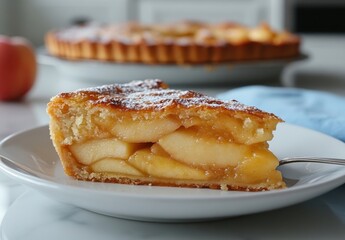 Freshly Baked Apple Pie Slice on Plate with Crust and Layered Filling in Soft Lighting with Blurred Background of Full Pie on Countertop