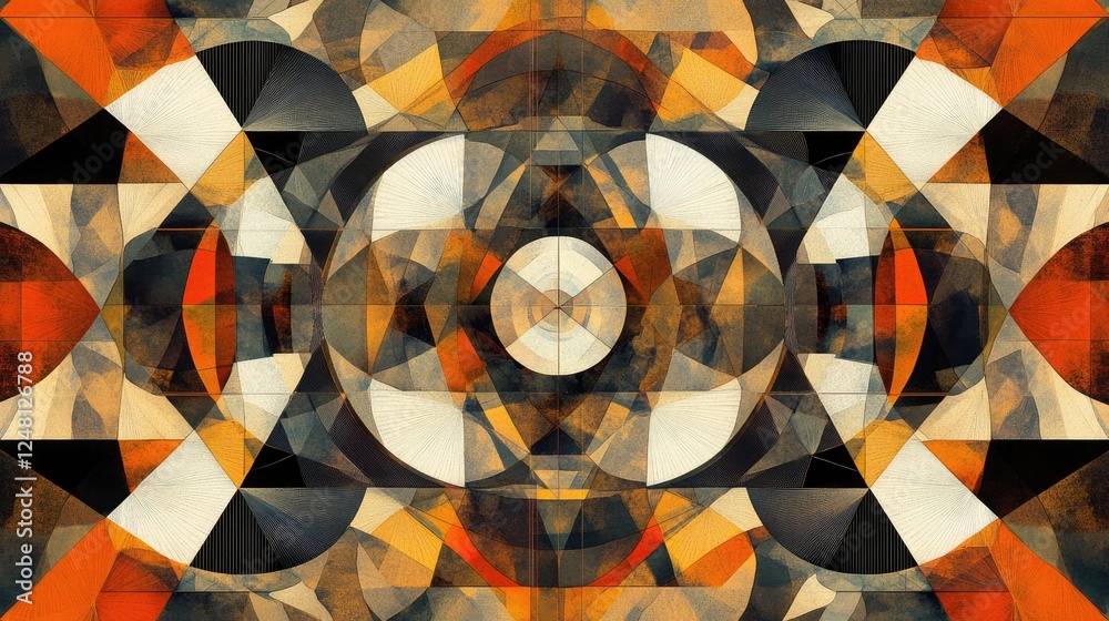 Poster A dynamic composition of triangles, circles, squares, and rectangles, creating a visually engaging geometric pattern for wallpapers or modern art projects.