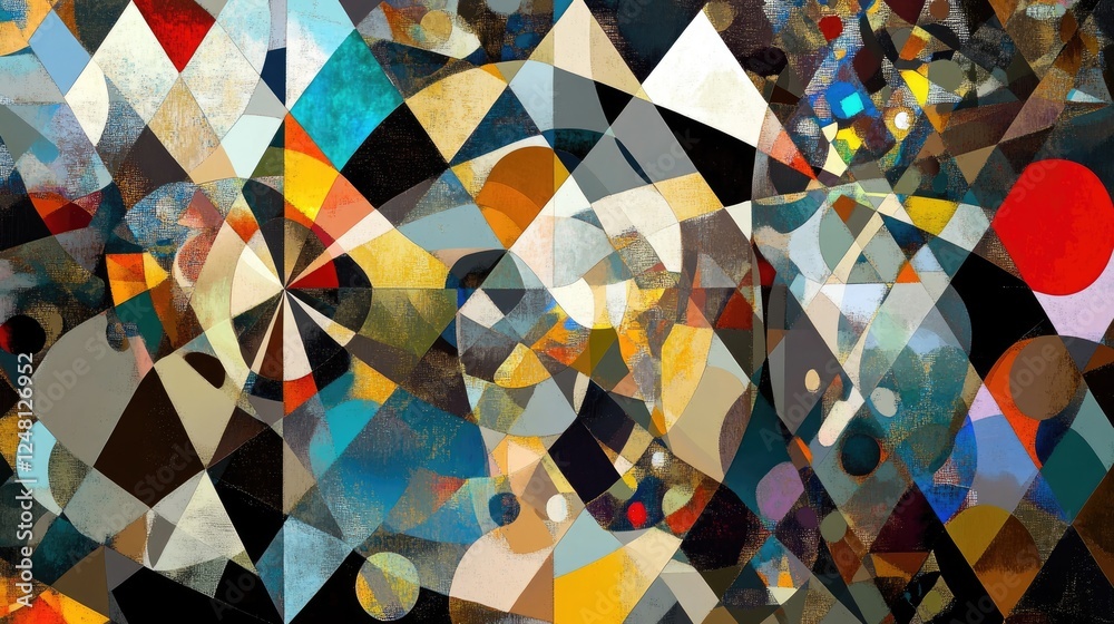 Poster A dynamic composition of triangles, circles, squares, and rectangles, creating a visually engaging geometric pattern for wallpapers or modern art projects.