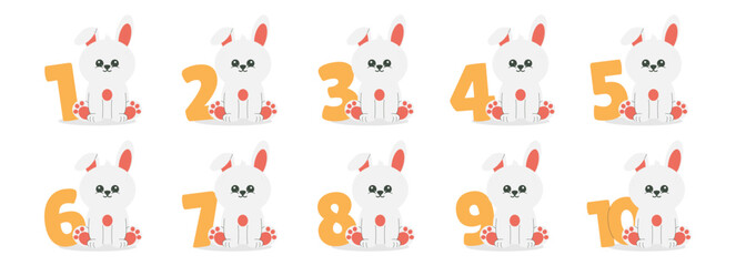 Cute bunny character and numbers vector set. Beautiful elements for Kids Birthday Party invitation, greeting card, poster, event, prints and cake toppers design