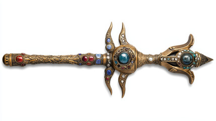 Obraz premium Poseidon or Neptune magic fantastic trident made of wood and metal. Cartoon vector illustration set of mythology harpoon or pitchfork decorated with gemstones for nautical god with magic power.