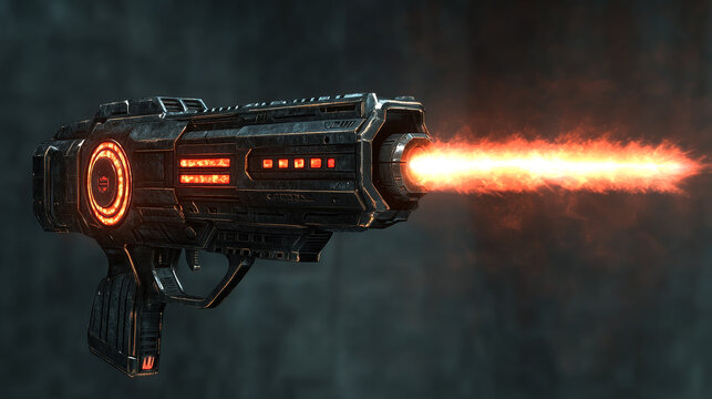 Space blasters and guns with shoot effect with laser, fire and plasma beams. Vector cartoon collection of futuristic alien weapons with energy rays, lightning and flash