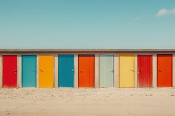 Fototapeta premium A row of modern, colorful doors against a minimal background, illustrating the decision-making process.