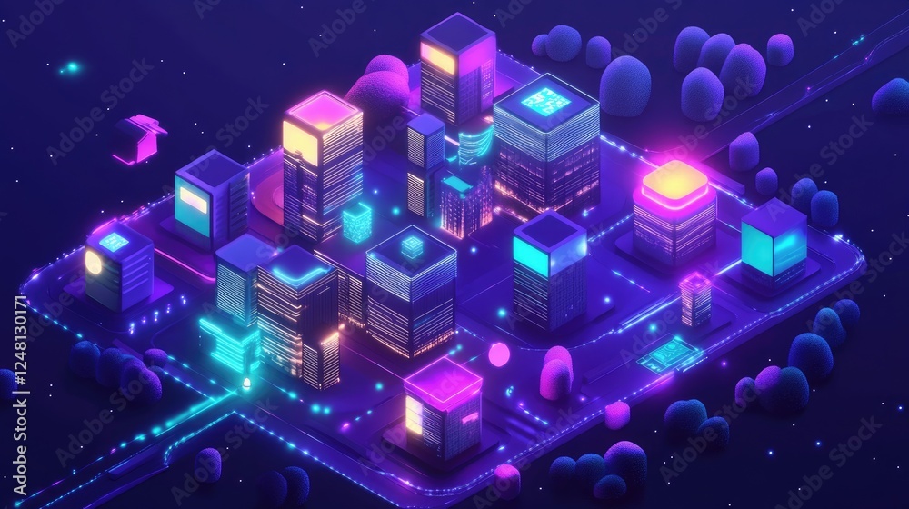 Poster a futuristic 3d cityscape formed by glowing cubes, each representing a unique startup, interconnecte