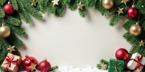 A Festive Holiday Scene with Evergreen Branches, Sparkling Ornaments, and Wrapped Presents, Perfect for Your Winter Celebrations