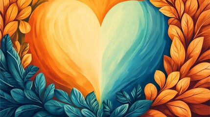 Fototapeta premium A vibrant heart surrounded by colorful leaves, blending warm oranges and cool blues, symbolizing love and nature's beauty.