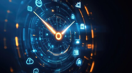 Fototapeta premium A futuristic clock face with glowing icons representing smart home devices and applications, symbolizing the integration of time management and modern technology