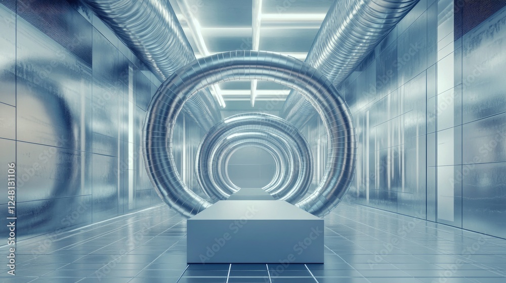 Poster A futuristic metallic pipe running through a building with intricate bends, set beside an empty podium for packaging product display.