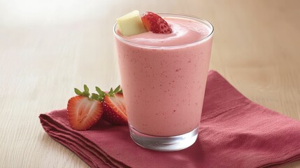 Delicious strawberry smoothie in clear glass.