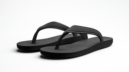 Black summer slippers for beach or pool top side view isolated transparent background. Vector realistic blank flip flops mockup, plastic sandals with thong, rubber shoes for household or sea vacation