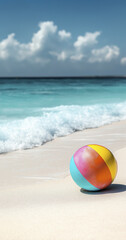Obraz premium colorful beach ball rests on white sandy shore, with gentle waves lapping nearby, creating serene and playful atmosphere