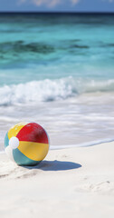 Obraz premium colorful beach ball rests on white sandy shore, surrounded by gentle waves and serene ocean backdrop