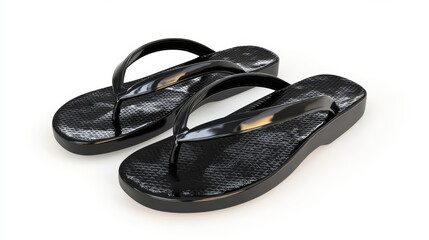 Black summer slippers for beach or pool top side view isolated transparent background. Vector realistic blank flip flops mockup, plastic sandals with thong, rubber shoes for household or sea vacation