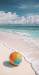 Obraz premium colorful beach ball rests on white sandy shore, with gentle waves lapping at beach under bright sky