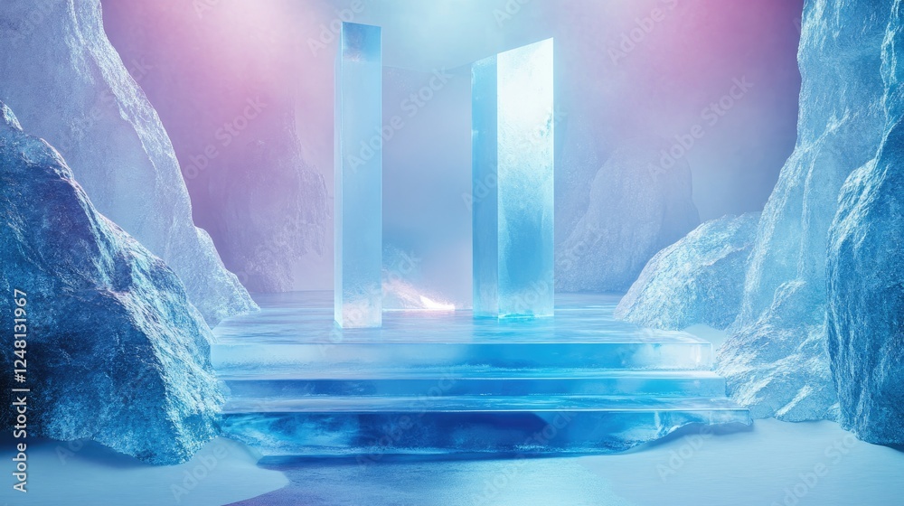 Poster a futuristic sapphire and ice podium, creating a cool and sophisticated backdrop for product packagi
